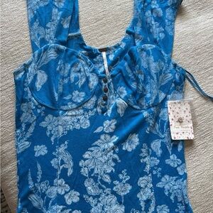 Free People Teal Floral Bodysuit